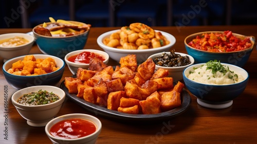 Selection of Classic Tapas, Including Patatas Bravas, Gambas Al Ajillo, and Chorizo Slices 