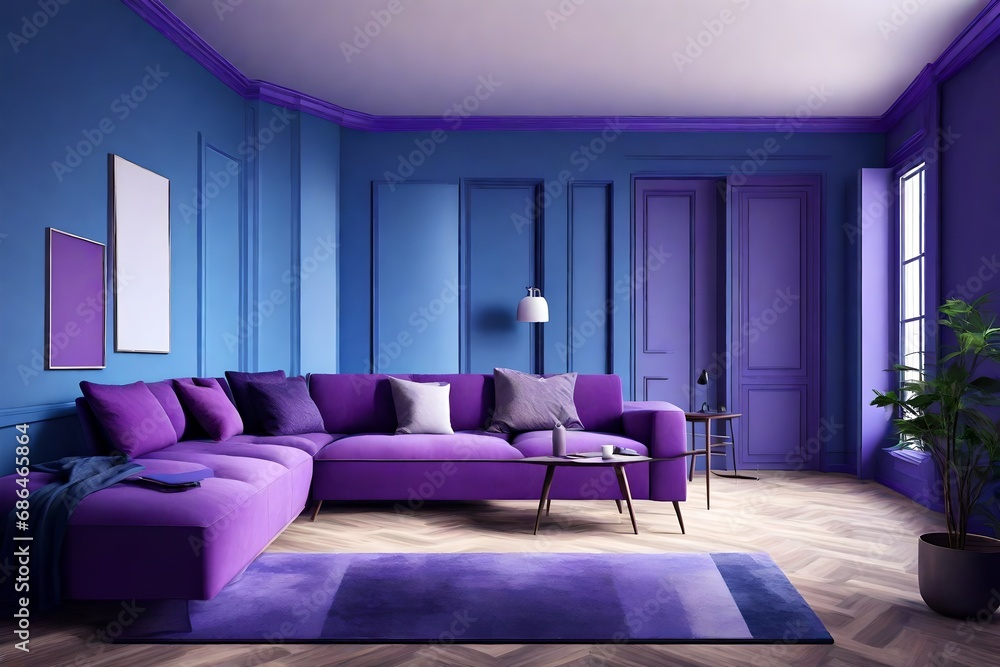 a spacious room, a blue  wall, Bright, spacious room, with a comfortable sofa,  purple color.