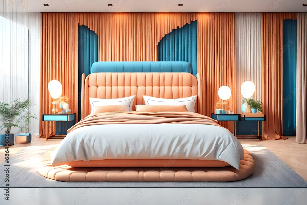  the modern bed with color light orange, with luxury items, white background, with curtain of blue color
