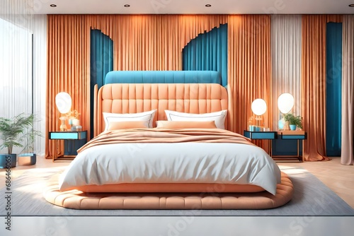  the modern bed with color light orange, with luxury items, white background, with curtain of blue color