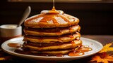 Fluffy Pumpkin Spice Pancakes, Drizzled with Maple Syrup 