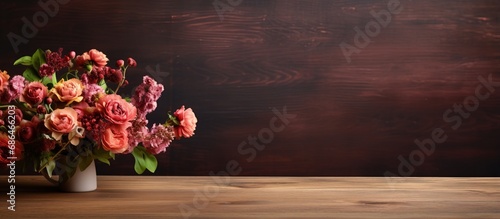 Plastic blossoms adorning caf s wooden surface photo