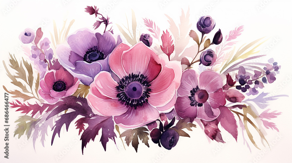 marvelous violet purple and burgundy anemone dusty mauve and lilac rose on white background - obrazy, fototapety, plakaty 