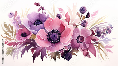 marvelous violet purple and burgundy anemone dusty mauve and lilac rose on white background