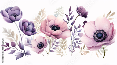 marvelous violet purple and burgundy anemone dusty mauve and lilac rose on white background photo