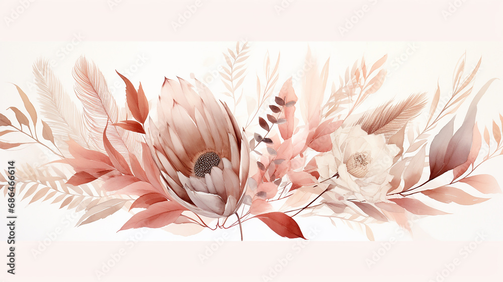trendy dried palm leaves blush pink and rust rose pale protea. Illustration about elegant, autumn - obrazy, fototapety, plakaty 