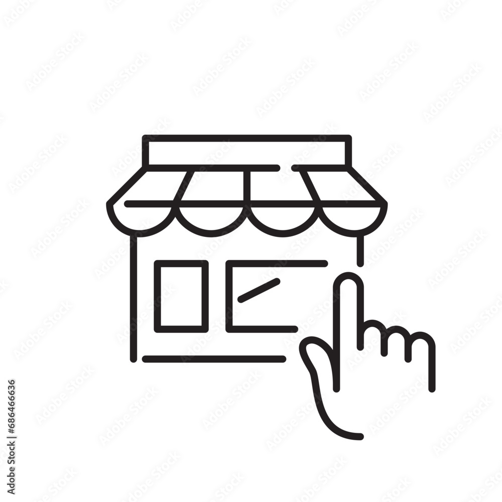Online shopping. Finger clicking on store icon. Pixel perfect, editable stroke icon Online shopping. Finger clicking on store icon. Pixel perfect, editable stroke icon