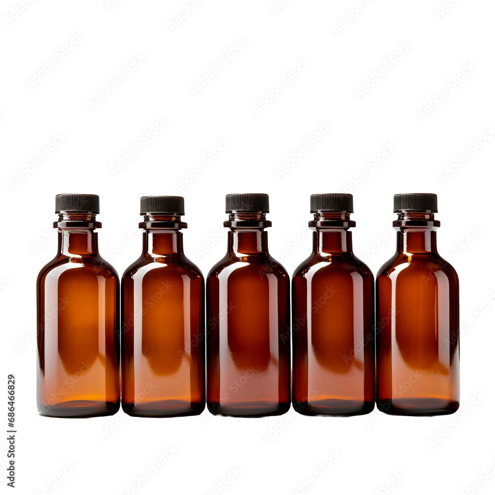 Empty brown glass medical bottles isolated on transparent background