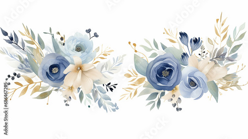 dusty blue floral boho navy blue cream and gold bouquet on white background