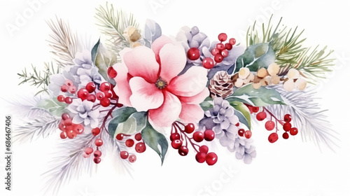 Christmas watercolor with floral elements. Happy New Year lettering posters. Winter xmas flower