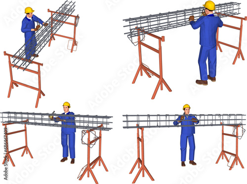 Vector sketch illustration design of construction workers assembling concrete steel