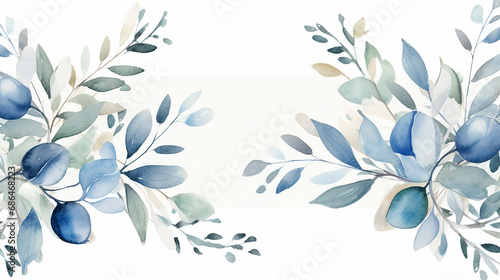 frame with watercolor eucalyptus true blue leaves on white background
