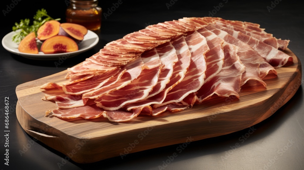 Thinly Sliced Jamón Ibérico Arranged on a Wooden Board