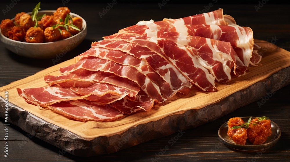 Obraz premium Thinly Sliced Jamón Ibérico Arranged on a Wooden Board