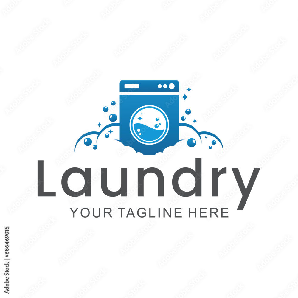 laundry logo in shades of blue and white, with bubbles for washing clothes, simple logo, creative logo