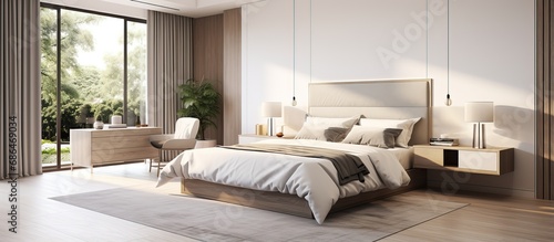 a stylish master bedroom with white and brown walls tiled floor and a comfortable king size bed viewed from the side
