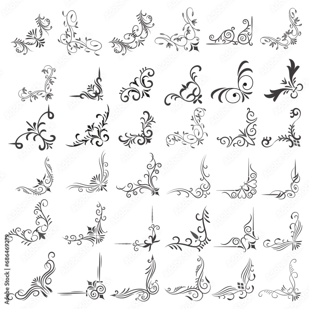 Naklejka premium Vector illustration of decorative corner frame set. Set Hand Draw of Corners Different Shapes Flower Decoration Vector Design Doodle Sketch Style For Wedding And Banner. 