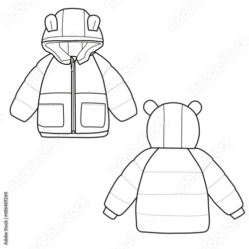 Baby toddler hooded with pocket. Winter jacket flat sketch illustration. Line sketch baby clothes.