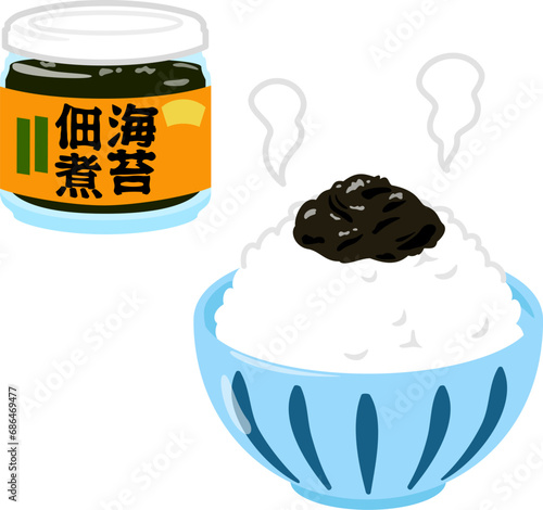 ビン入りの海苔佃煮と佃煮を乗せたご飯