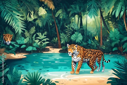 beautiful jungle beach lagoon view with a jaguar,plam trees and tropical leaves, can be used as background- photo
