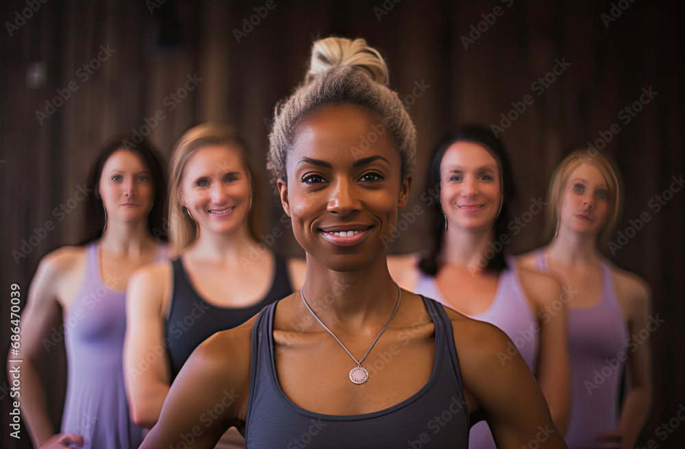 women yoga instructor in yoga studio with group of girls