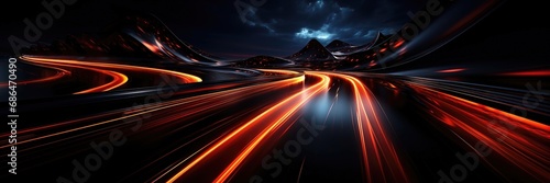 In a wide-format abstract background image, streaming light patterns create a visually dynamic composition, evoking a sense of speed and motion. Photorealistic illustration