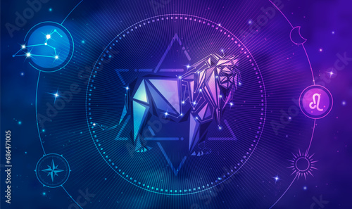 Leo horoscope sign in twelve zodiac with galaxy stars background, graphic of low poly lion with futuristic astrological element
