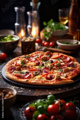 Appetizing pizza on a wooden table. Italian cuisine, restaurant menu.