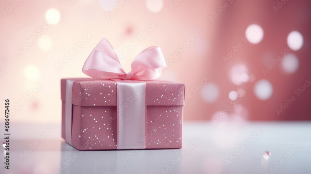 Pink gift box on blurred bokeh background Pink gift box on blurred bokeh background