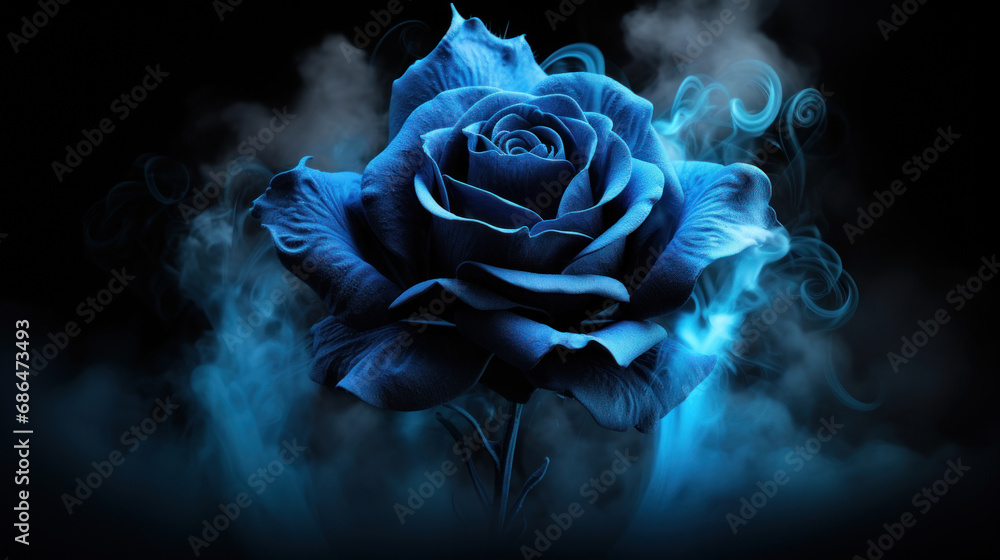 Neon blue rose wrapped in blue smoke swirl on dark background - obrazy, fototapety, plakaty 