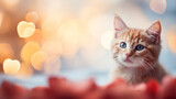 Cute ginger kitten with heart shaped bokeh lights on background