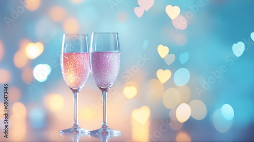 A two glass of sparkling wine on a soft pastel colorful bokeh background