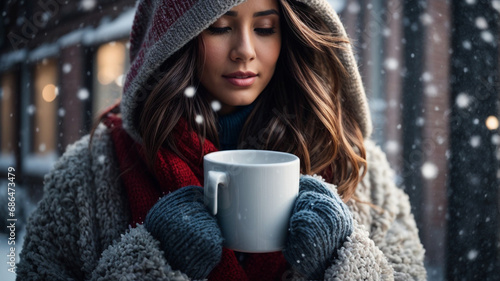 In a close-up shot, a woman dressed in a cozy sweater holds a mug, braving the winter cold amidst falling snowflakes, portraying a sense of warmth and comfort in the chilly weather.   ©  creativeusman