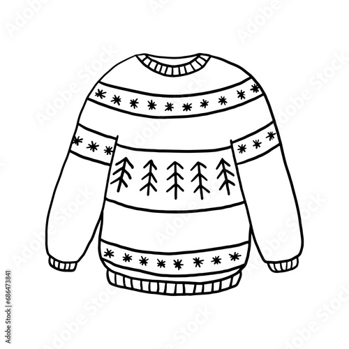 Cozy knitted sweater with winter ornament. Hand drawn line doodle illustration isolated on white