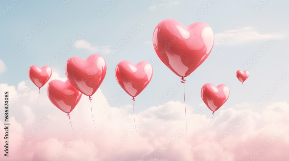 Red heart balloons on blue sky background. Valentine's day concept.
