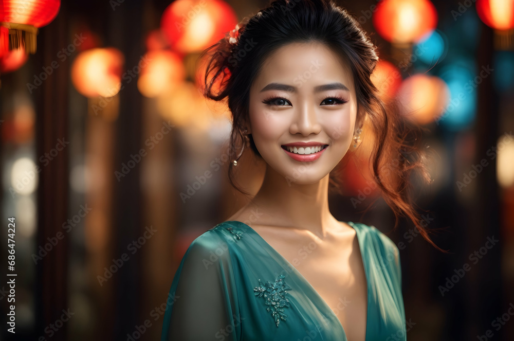Beautiful Chinese Model Woman, Very Happy Smile and Excited, Night Background with Gorgeous Bokeh Beautiful Chinese Model Woman, Very Happy Smile and Excited, Night Background with Gorgeous Bokeh