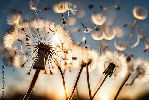 Dandelion seeds drifting through the air in a sun-kissed afternoon.   © AI ARTS
