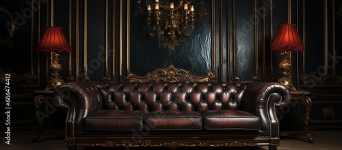 Classic vintage room with a black leather sofa © Vusal