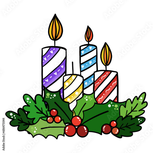 christmas candle with holly red berries