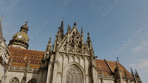 St. Elisabeth Cathedral in Kosice (Slovakia). Old city and medieval architecture - long aerial top view. Old town (4K) Ornaments and facade close up. photo