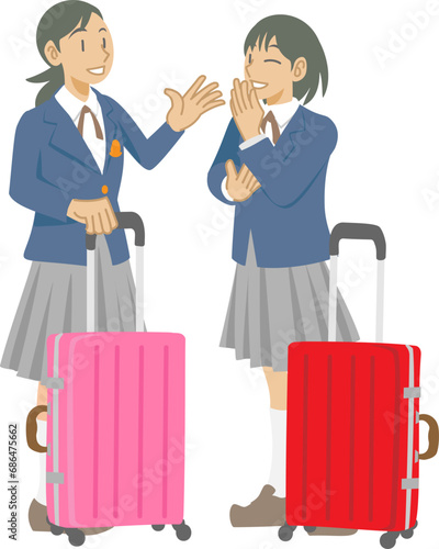 ターミナルで出発を待つ女子学生たち