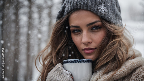 In a close-up shot, a woman dressed in a cozy sweater holds a mug, braving the winter cold amidst falling snowflakes, portraying a sense of warmth and comfort in the chilly weather.   ©  creativeusman