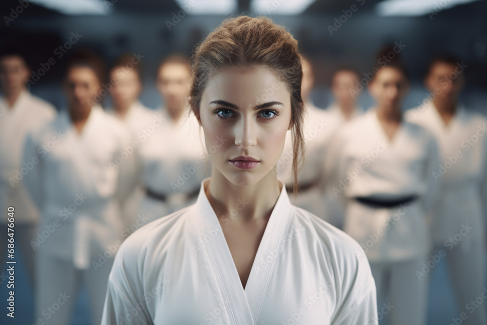 Obraz premium Portrait of a woman wearing the traditional gi or do-gi at her martial arts class