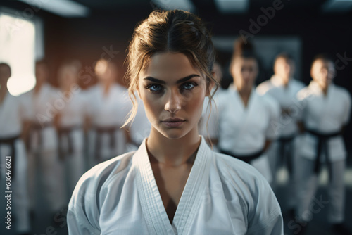 Portrait of a woman wearing the traditional gi or do-gi at her martial arts class photo