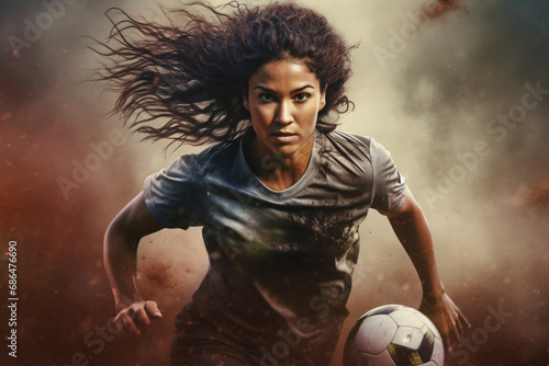 Energetic female football or soccer player focussed on the game