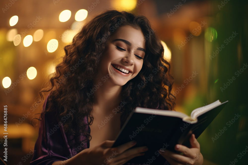 A young woman smiling while reading in a book A young woman smiling while reading in a book