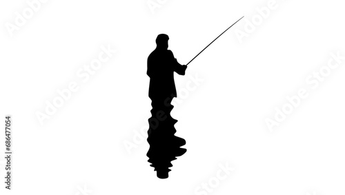 fisherman catches fish with a fishing rod, black isolated silhouette