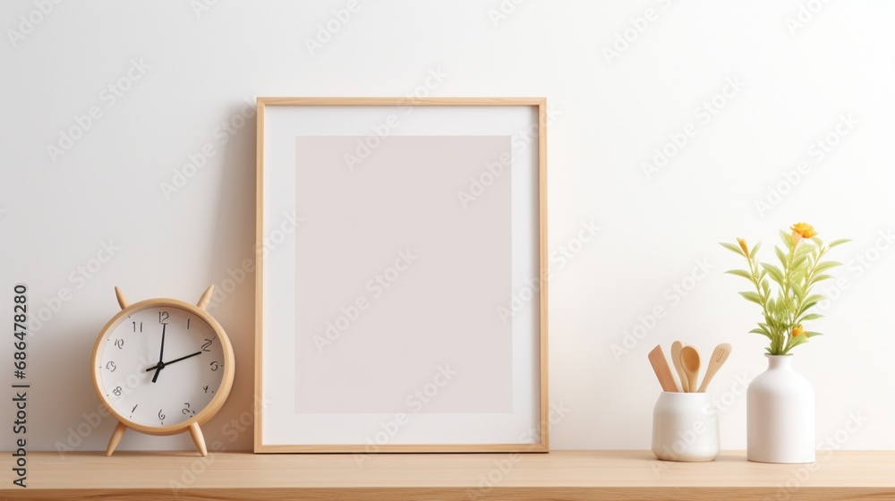 3D mockup poster frame, nestled on a bright wood counter against a warm white wall. Radiate Scandinavian charm with minimalistic design, including a vase plant. 3D mockup poster frame, nestled on a bright wood counter against a warm white wall. Radiate Scandinavian charm with minimalistic design, including a vase plant.