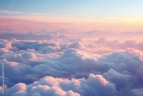 An aerial view photography about sea of clouds, bird-eye level shot, twilight, playful...