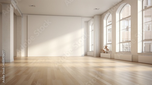 3D-ed modern empty room. The wooden floor and expansive white wall create an inviting canvas, while a marble wall. Immerse yourself in the seamless fusion of style and realism in this 3D illustration.
